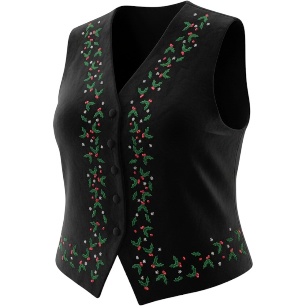 Karen Scott Vintage Velvet Vest XL Black Holly Berry Embroidered Christmas Retro